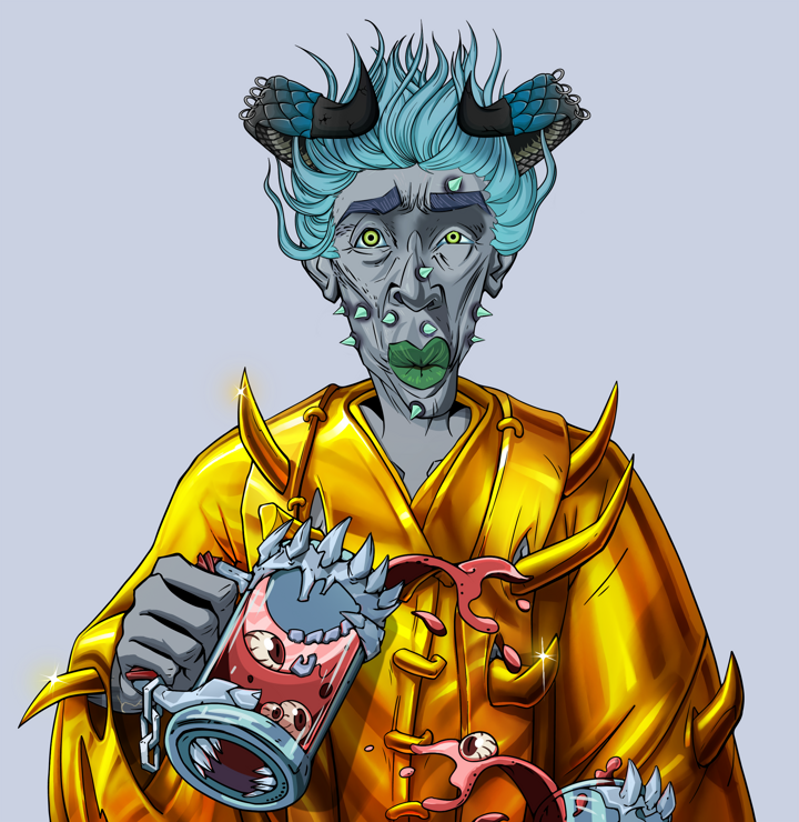 Gloomy Masumi — Degen Dojo NFT art (Shirtless Runt, Blue Evening, Demons, Golden Monk Robes, Gloomy Masumi, Black Oni Horns, Beer Splash, Mint)