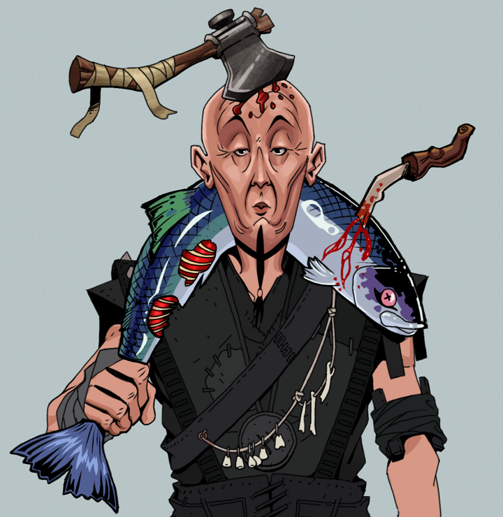Edmundo — Degen Dojo NFT art (Shirtless Runt, Light Grey, Degens, Warlock Wannabe, Edmundo, Splitting Axe Ache, Dead Fish, Mint)