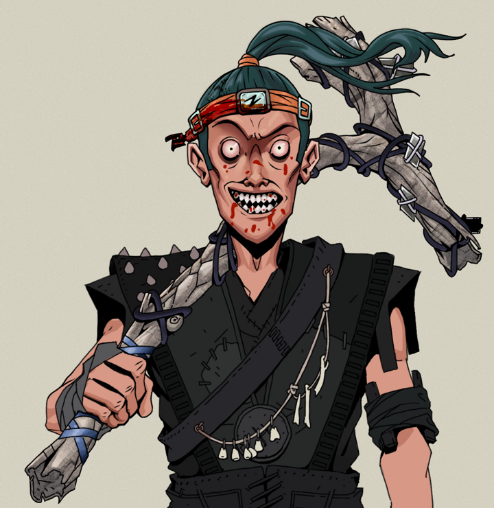 Assassin Fuzen — Degen Dojo NFT art (Shirtless Runt, Warm Grey, Degens, Warlock Wannabe, Assassin Fuzen, Green Bandana, Large Branch, Mint)
