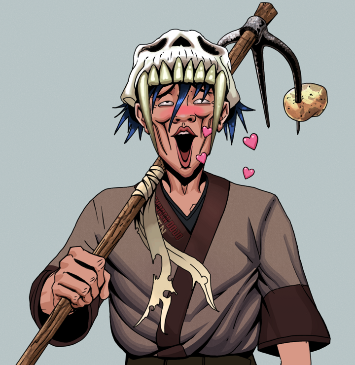 Lovey Haruto — Degen Dojo NFT art (Shirtless Runt, Light Grey, Degens, Degen Dojo Kimono, Lovey Haruto, Sabertooth Skull, Farmers Hoe, Mint)
