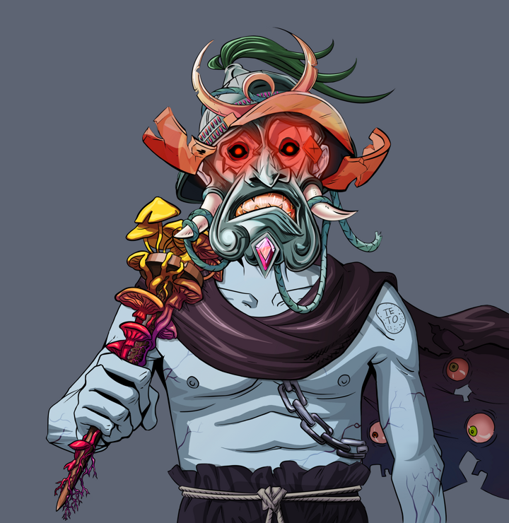 Teary Goro — Degen Dojo NFT art (Shirtless Runt, Shoji Night, Demons, Master Black Gi, Teary Goro, Tatami Kabuto, Rusty Nail, Mint)