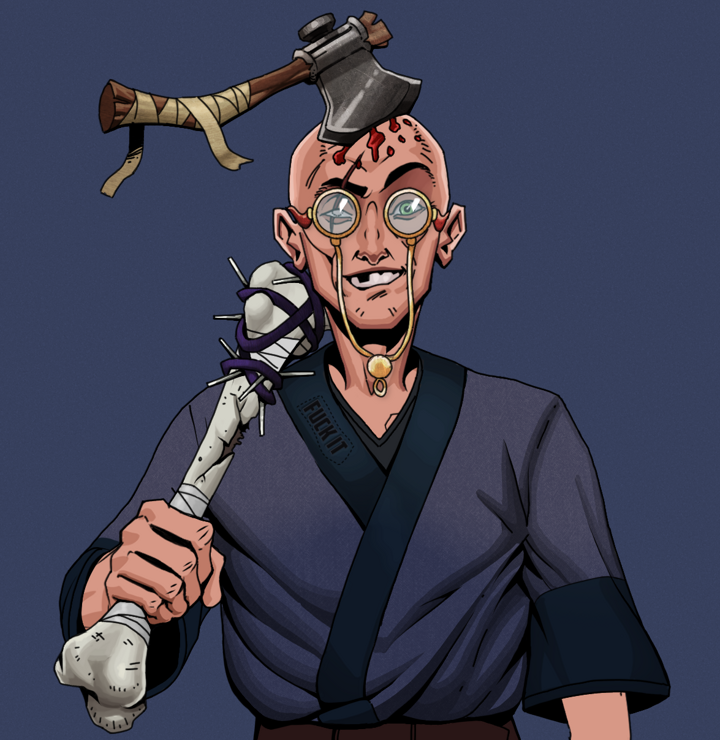 One-Eyed Itsuki — Degen Dojo NFT art (Shirtless Runt, Blue Evening, Degens, Fuck You Kimono, One-Eyed Itsuki, Pompous Glasses, Splitting Axe Ache, Spiky Femur, Mint)