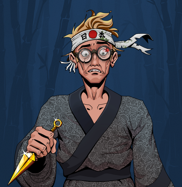 Shitless Botan — Degen Dojo NFT art (Chicken Bones, Night Forest, Degens, Sushi Love Loose Kimono, Shitless Botan, Bloodied Glasses, Karate Headband, Golden Kunai, Mint)