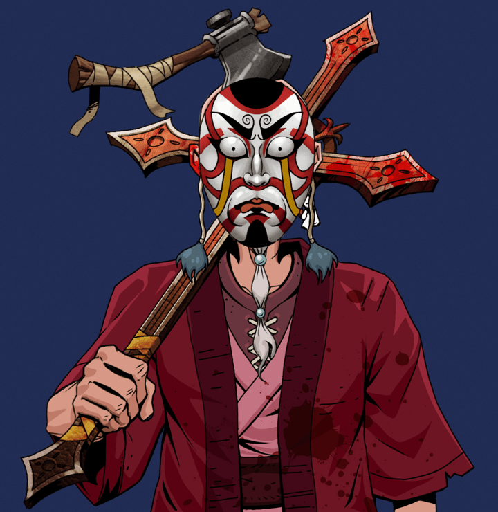 Yuji The Wise — Degen Dojo NFT art (Foes Teeth, Navy Evening, Degens, Red Warrior Kimono, Yuji The Wise, Kitsune Mask, Splitting Axe Ache, Jesuit Bloody Cross, Mint)