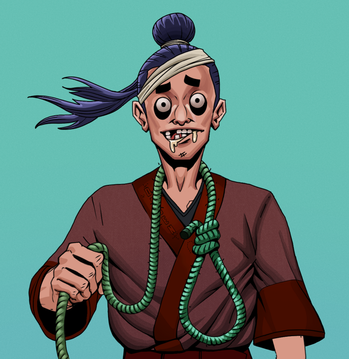 Drooling Azuma — Degen Dojo NFT art (Shirtless Runt, Teal Daytime, Degens, Proud Dejen Kimono, Drooling Azuma, Long Flowing, Noose, Mint)