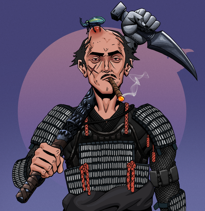 Raikou The Stoner — Degen Dojo NFT art (Shirtless Runt, Purple Night, Degens, Black Iron Tosei Gusoku, Raikou The Stoner, Kung Fu Beetle, Stone Fist-Sickle, Mint)