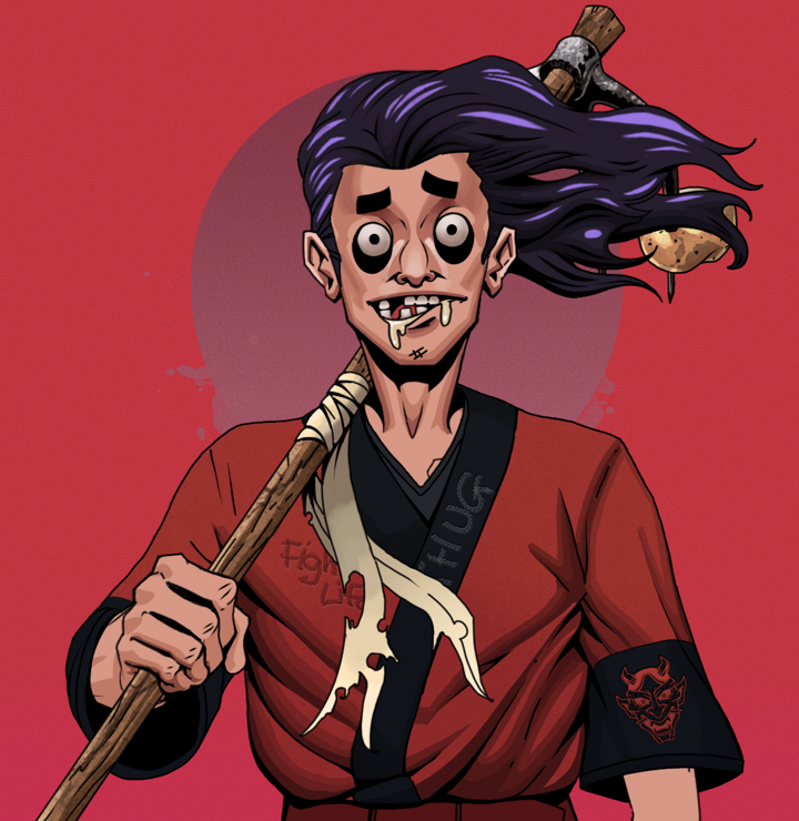Drooling Azuma — Degen Dojo NFT art (Shirtless Runt, Red High Moon, Degens, Red Oni Kimono, Drooling Azuma, Flowing Battousai, Farmers Hoe, Mint)