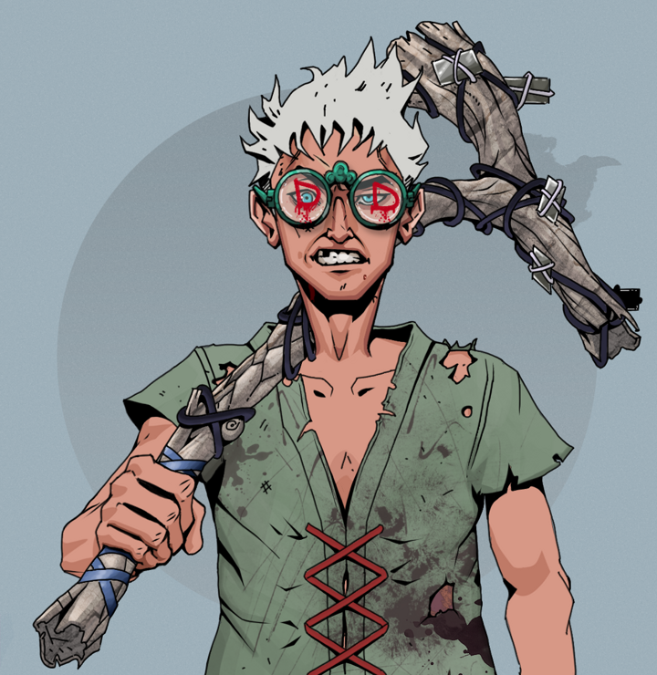 Akuma — Degen Dojo NFT art (Shirtless Runt, Grey Mist, Degens, Dirty Peasant Rags, Akuma, Dojo Graffiti, Short Spiky Grey, Large Branch, Mint)
