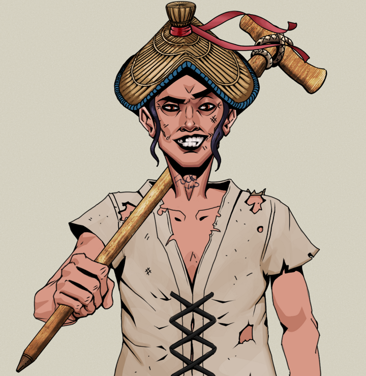 Junichiro — Degen Dojo NFT art (Shirtless Runt, Warm Grey, Degens, Rice Sack Rags, Junichiro, High Straw Rice Hat, Wooden Walking Cane, Mint)