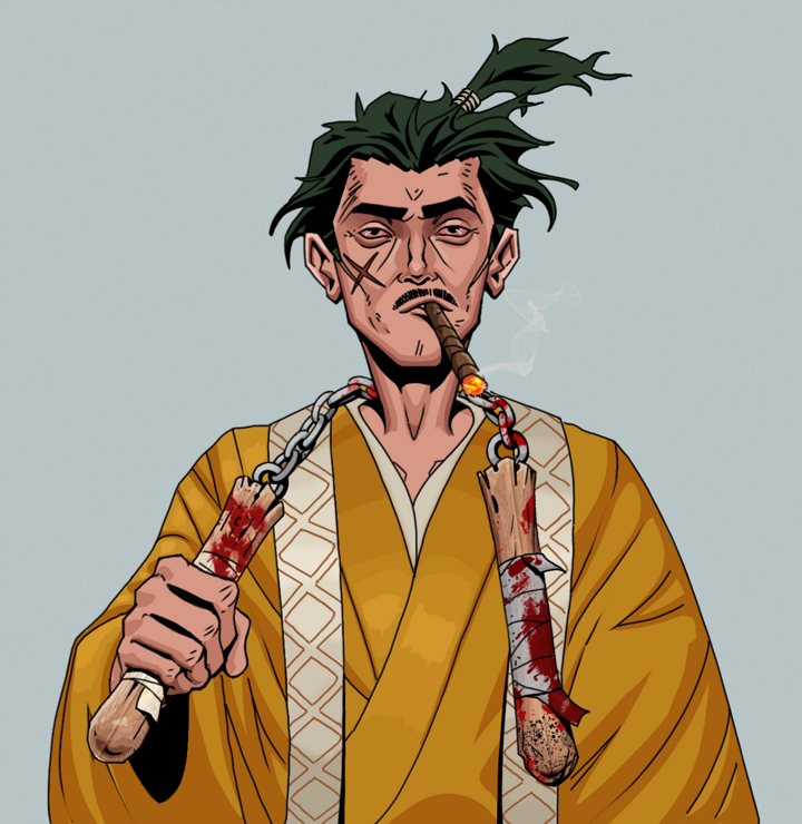 Raikou The Stoner — Degen Dojo NFT art (Shirtless Runt, Light Grey, Degens, Ordained Dejen, Raikou The Stoner, Messy Ponytail, Bloody Nunchucks, Mint)