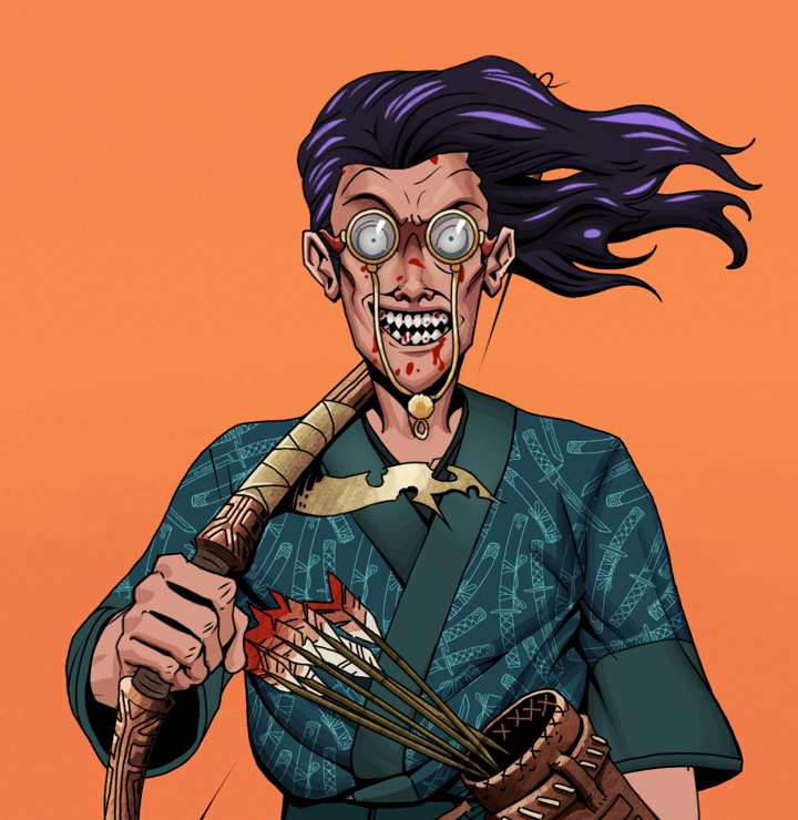 Assassin Fuzen — Degen Dojo NFT art (Shirtless Runt, Orange Afternoon, Degens, Katanajamas Kimono, Assassin Fuzen, Pompous Glasses, Flowing Battousai, Runed Yumi, Mint)