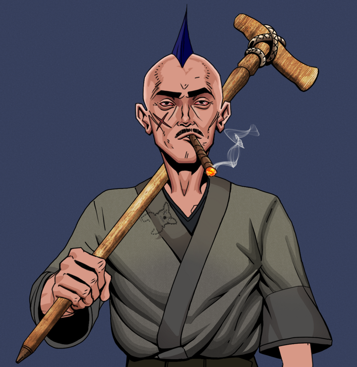 Raikou The Stoner — Degen Dojo NFT art (Shirtless Runt, Blue Evening, Degens, Puppy Kimono, Raikou The Stoner, Mohawk Spike, Wooden Walking Cane, Mint)