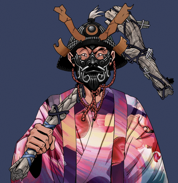 Stresshead Rin — Degen Dojo NFT art (Shirtless Runt, Blue Evening, Degens, Autumn Sakura Kimono, Stresshead Rin, Black Iron Kabuto, Large Branch, Mint)