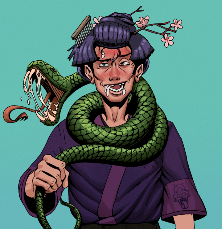 Yuuki — Degen Dojo NFT art (Shirtless Runt, Teal Daytime, Degens, Money Kimono, Yuuki, Disheveled Geisha, Enchanted Snake, Mint)