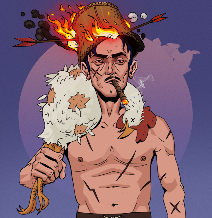 Raikou The Stoner — Degen Dojo NFT art (Shirtless Runt, Purple Night, Degens, Battle Scars, Raikou The Stoner, Burning Basket, Chicken, Mint)