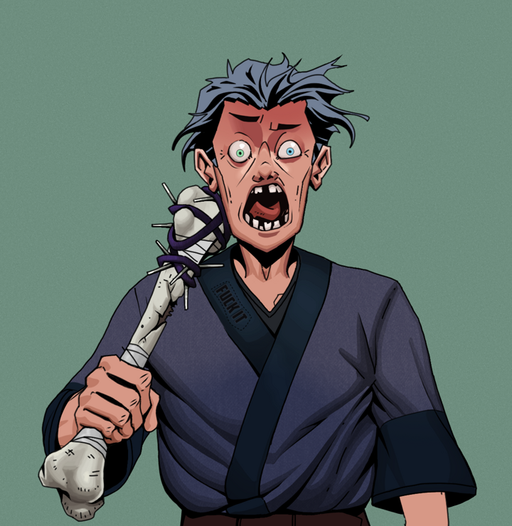 Tokuda — Degen Dojo NFT art (Shirtless Runt, Olive Green, Degens, Fuck You Kimono, Tokuda, Wavy, Spiky Femur, Mint)