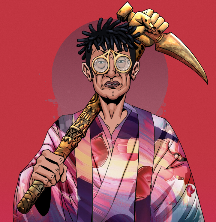Goro — Degen Dojo NFT art (Shirtless Runt, Red High Moon, Degens, Autumn Sakura Kimono, Goro, Pocket Glasses, Black Bantu Knots, Bronze Fisted Sickle, Mint)