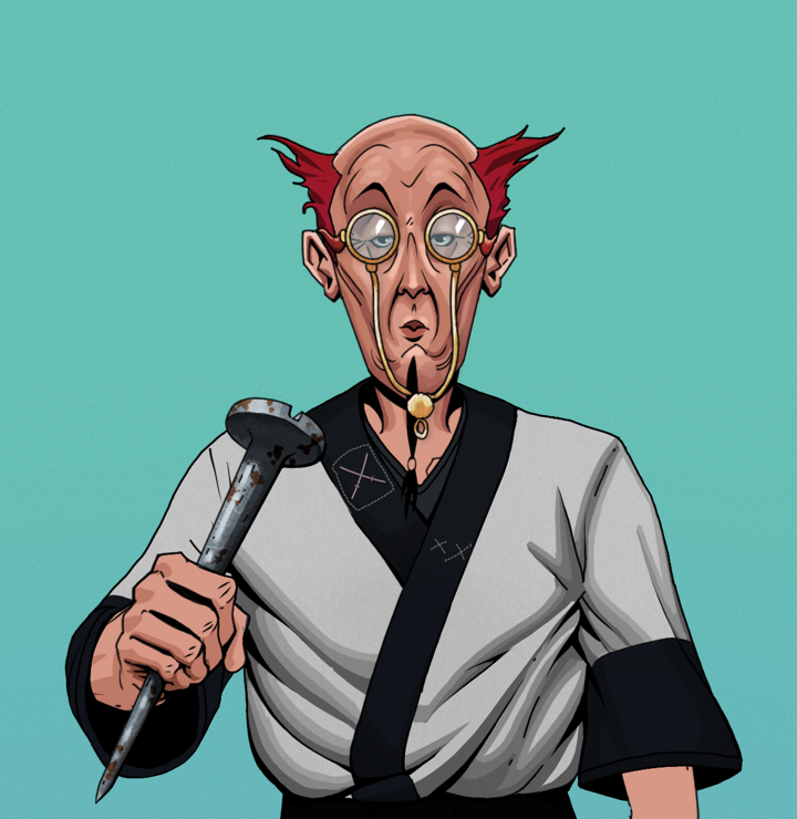 Edmundo — Degen Dojo NFT art (Shirtless Runt, Teal Daytime, Degens, Katana Kimono, Edmundo, Pompous Glasses, Red Heihachi, Rusty Nail, Mint)
