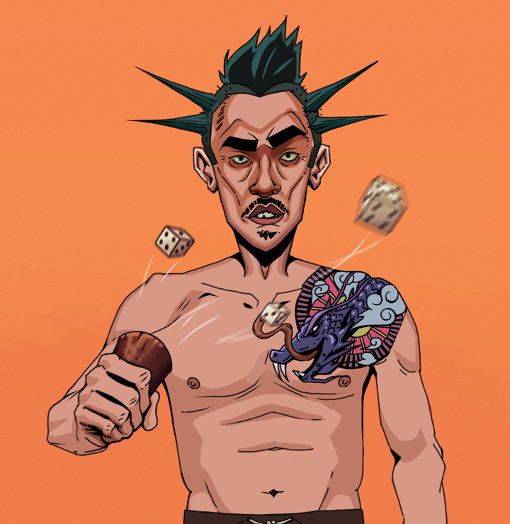 Gloomy Masumi — Degen Dojo NFT art (Shirtless Runt, Orange Afternoon, Degens, Dragon Head Tattoo, Gloomy Masumi, Yakuza Ruffian, Chō-Han Gambling Dice, Mint)
