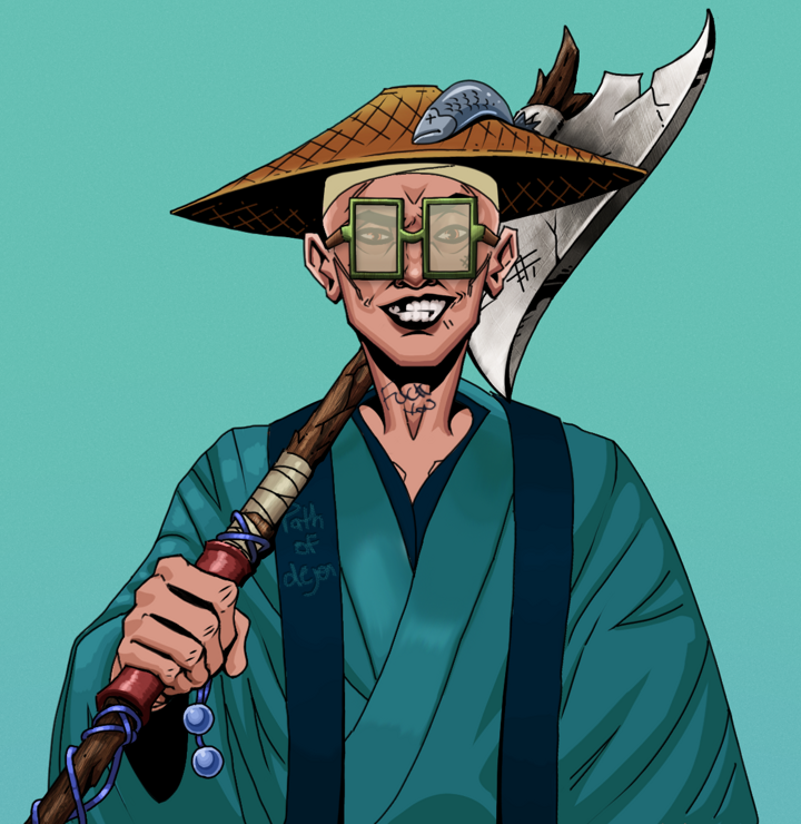 Junichiro — Degen Dojo NFT art (Shirtless Runt, Teal Daytime, Degens, Dejen Apostate, Junichiro, Shoji Glasses, Wide Kasa Fisherman, Broken Nagatina, Mint)