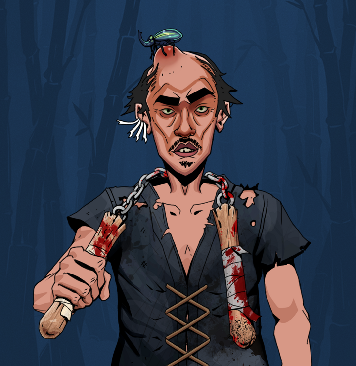 Gloomy Masumi — Degen Dojo NFT art (Chicken Bones, Night Forest, Degens, Black Peasant Sack, Gloomy Masumi, Shirtless Runt, Kung Fu Beetle, Bloody Nunchucks, Mint)