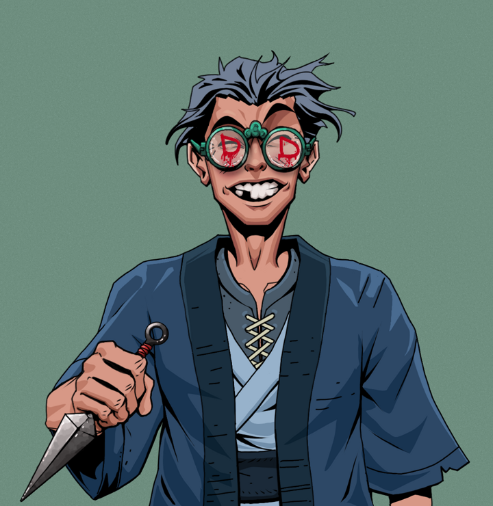Cheery Haru — Degen Dojo NFT art (Shirtless Runt, Olive Green, Degens, Blue Warrior Kimono, Cheery Haru, Dojo Graffiti, Wavy, Kunai, Mint)