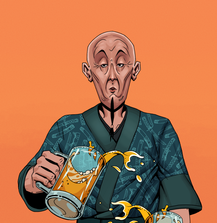 Edmundo — Degen Dojo NFT art (Shirtless Runt, Orange Afternoon, Degens, Katanajamas Kimono, Edmundo, Bald, Beer Splash, Mint)