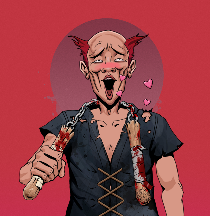 Lovey Haruto — Degen Dojo NFT art (Shirtless Runt, Red High Moon, Degens, Black Peasant Sack, Lovey Haruto, Red Heihachi, Bloody Nunchucks, Mint)