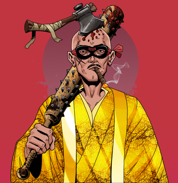 Raikou The Stoner — Degen Dojo NFT art (Shirtless Runt, Red High Moon, Degens, Golden Monk Robes, Raikou The Stoner, Degen Superhero, Splitting Axe Ache, Yakuza Club, Mint)