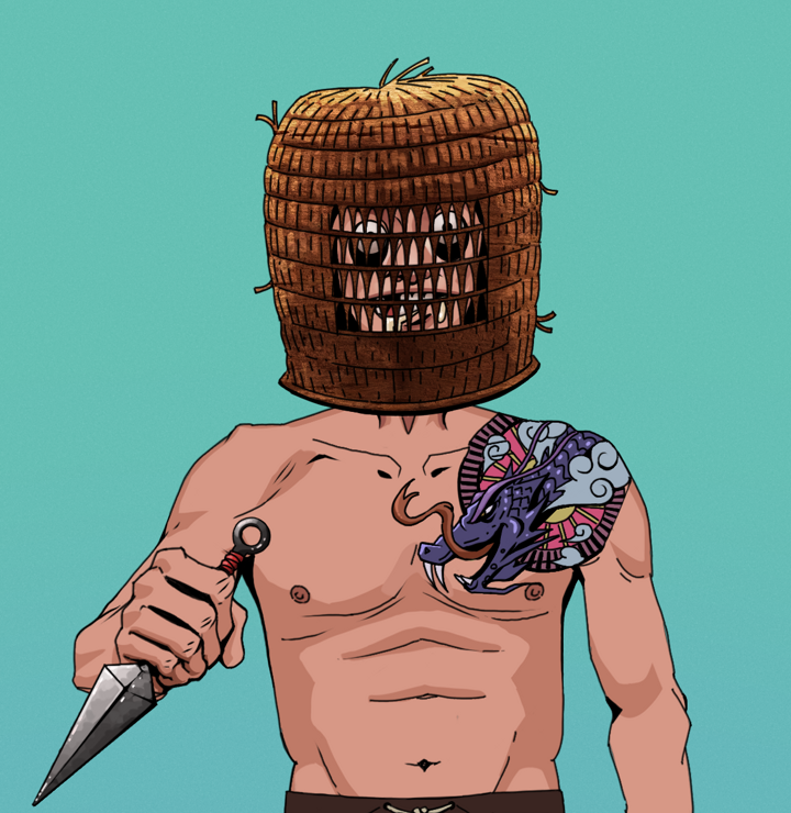 Drooling Azuma — Degen Dojo NFT art (Shirtless Runt, Teal Daytime, Degens, Dragon Head Tattoo, Drooling Azuma, Tengai Basket, Kunai, Mint)