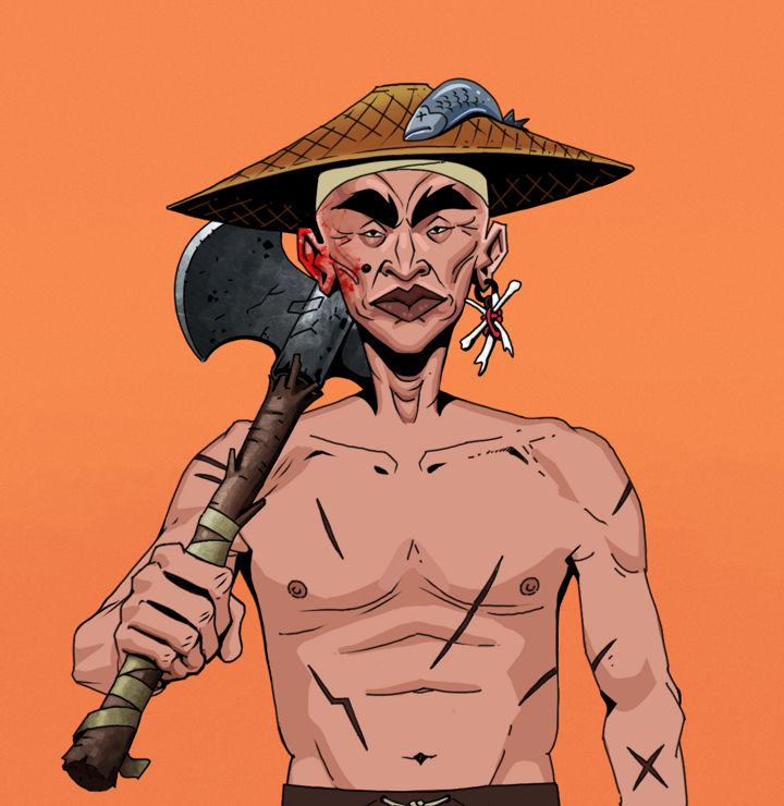 Young Yuji — Degen Dojo NFT art (Finger Bones, Orange Afternoon, Degens, Battle Scars, Young Yuji, Shirtless Runt, Wide Kasa Fisherman, Axe, Mint)