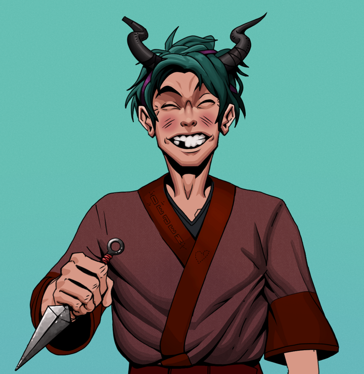 Cheery Haru — Degen Dojo NFT art (Shirtless Runt, Teal Daytime, Degens, Proud Dejen Kimono, Cheery Haru, Black Oni Horns, Kunai, Mint)