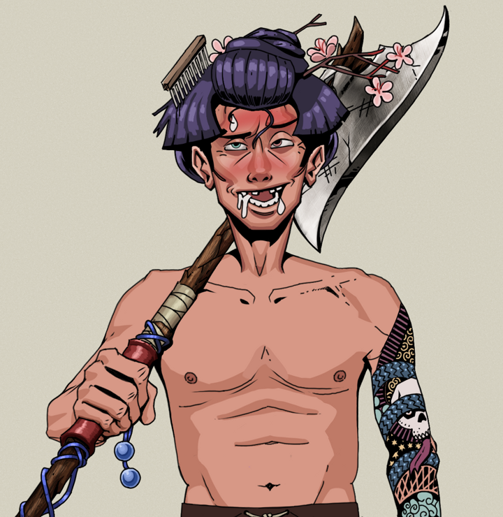 Yuuki — Degen Dojo NFT art (Shirtless Runt, Warm Grey, Degens, Skull Sleeve, Yuuki, Disheveled Geisha, Broken Nagatina, Mint)