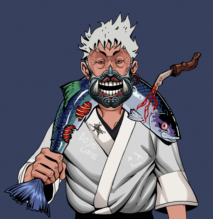 Fat Bob — Degen Dojo NFT art (Wooden Loop, Blue Evening, Degens, No Honor Kimono, Fat Bob, Hannya Half Mask, Short Spiky Grey, Dead Fish, Mint)