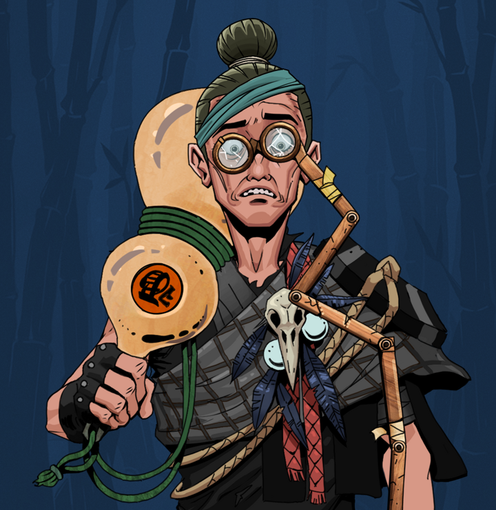 Shitless Botan — Degen Dojo NFT art (Shirtless Runt, Night Forest, Degens, Bird Shaman, Shitless Botan, Telescopic Glasses, Hair Bun, Giant Sake Bottle, Mint)