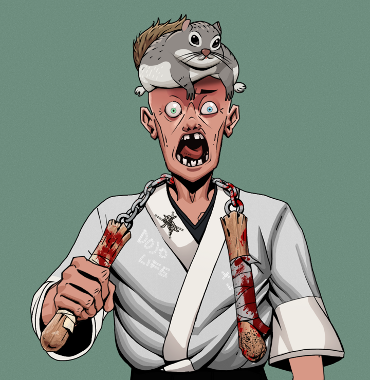 Tokuda — Degen Dojo NFT art (Shirtless Runt, Olive Green, Degens, No Honor Kimono, Tokuda, Mr. Momonga Hat, Bloody Nunchucks, Mint)
