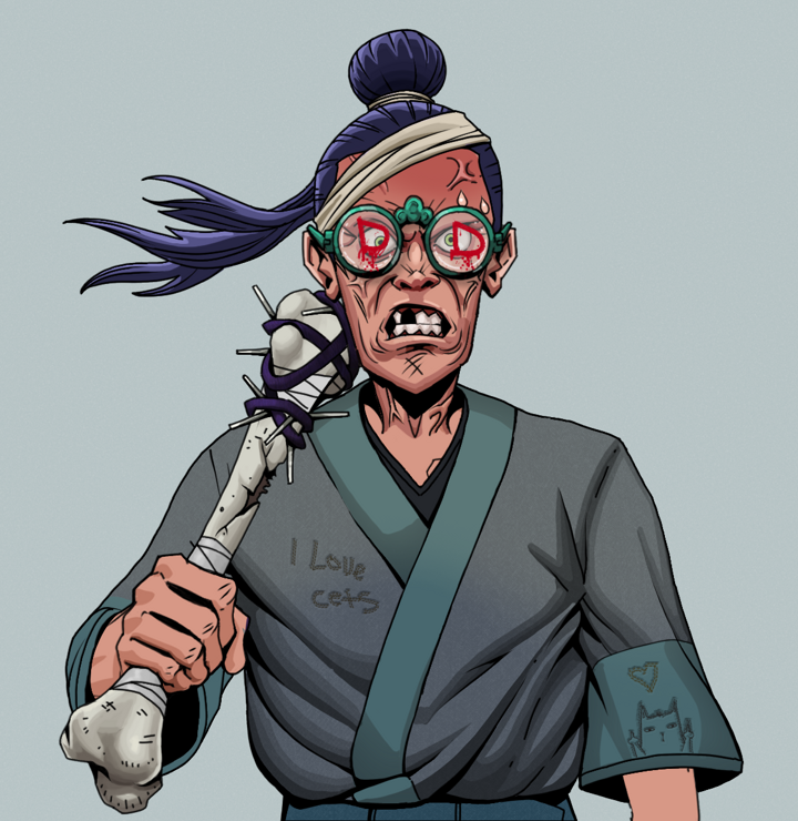 Angry Ikari — Degen Dojo NFT art (Shirtless Runt, Light Grey, Degens, Cet Kimono, Angry Ikari, Dojo Graffiti, Long Flowing, Spiky Femur, Mint)
