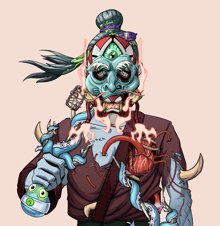 One-Eyed Itsuki — Degen Dojo NFT art (Dojo Paper Earring, Orange Afternoon, Demons, Proud Dejen Kimono, One-Eyed Itsuki, Kitsune Mask, Long Flowing, Dual Sai, Mint)