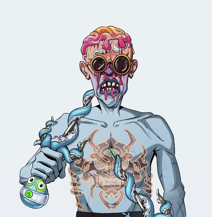 Teary Goro — Degen Dojo NFT art (Shirtless Runt, Light Grey, Demons, Red Oni Tattoo, Teary Goro, Dark Spectacles, Rock Lee, Dual Sai, Mint)
