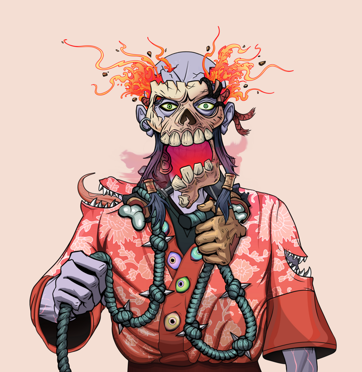 Junichiro Reborn — Degen Dojo NFT art (Shirtless Runt, Orange Afternoon, Demons, Silken Sunflower Kimono, Junichiro Reborn, Hannya Half Mask, Red Heihachi, Noose, Mint)