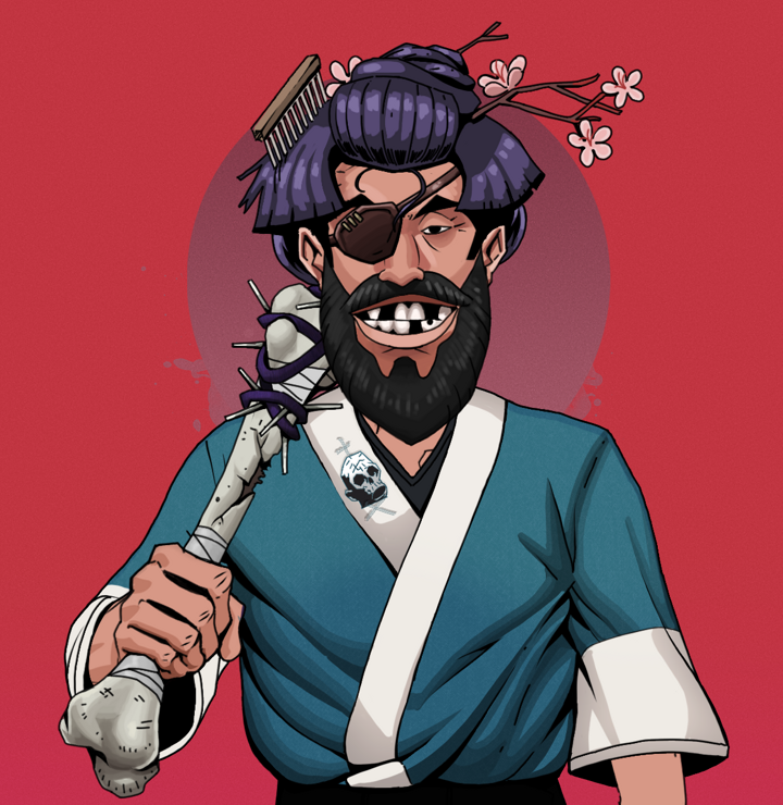 Igor The Veteran — Degen Dojo NFT art (Shirtless Runt, Red High Moon, Degens, Skull Kimono, Igor The Veteran, Disheveled Geisha, Spiky Femur, Mint)