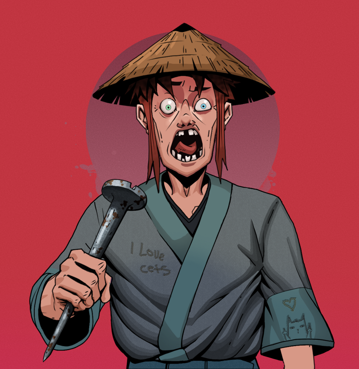 Tokuda — Degen Dojo NFT art (Shirtless Runt, Red High Moon, Degens, Cet Kimono, Tokuda, Rice Hat, Rusty Nail, Mint)