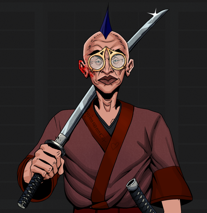 Young Yuji — Degen Dojo NFT art (Shirtless Runt, Shoji Night, Degens, Proud Dejen Kimono, Young Yuji, Pocket Glasses, Mohawk Spike, Katana, Mint)