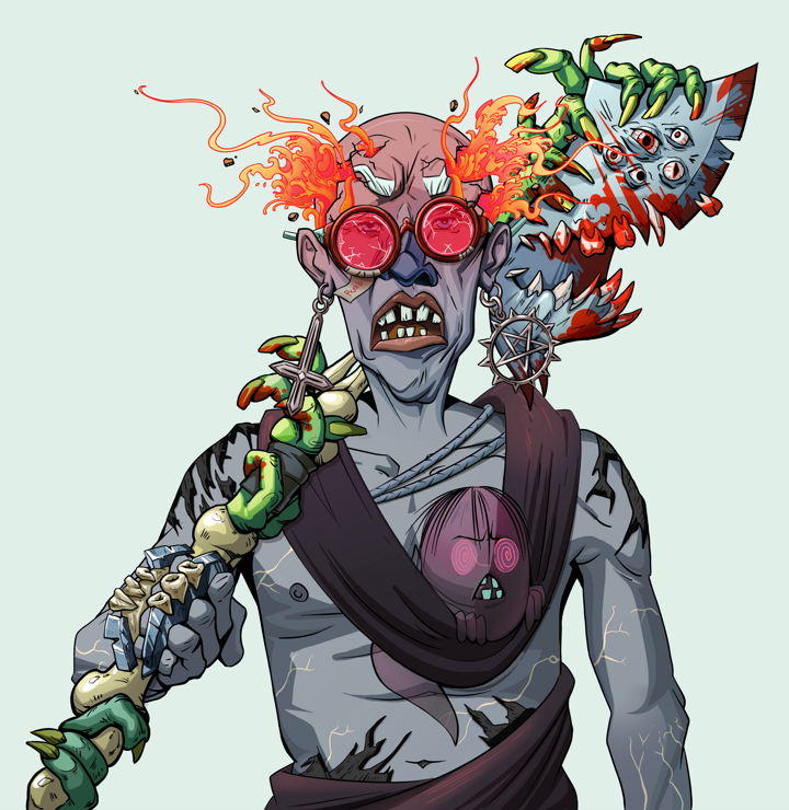 Goro — Degen Dojo NFT art (Jesuit Crosses, Teal Daytime, Demons, Little Momonga Friend, Goro, Broken Glasses, Red Heihachi, Broken Nagatina, Mint)