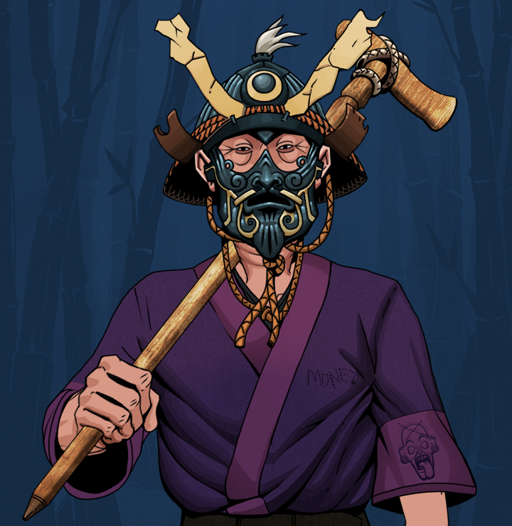 Fat Bob — Degen Dojo NFT art (Shirtless Runt, Night Forest, Degens, Money Kimono, Fat Bob, Tatami Kabuto, Wooden Walking Cane, Mint)
