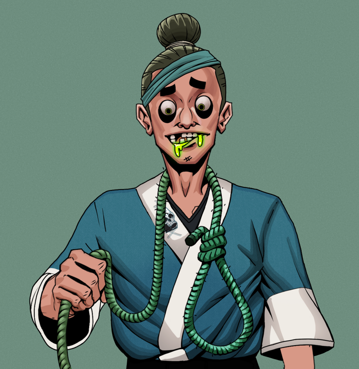 Toxic Azuma — Degen Dojo NFT art (Shirtless Runt, Olive Green, Degens, Skull Kimono, Toxic Azuma, Hair Bun, Noose, Mint)