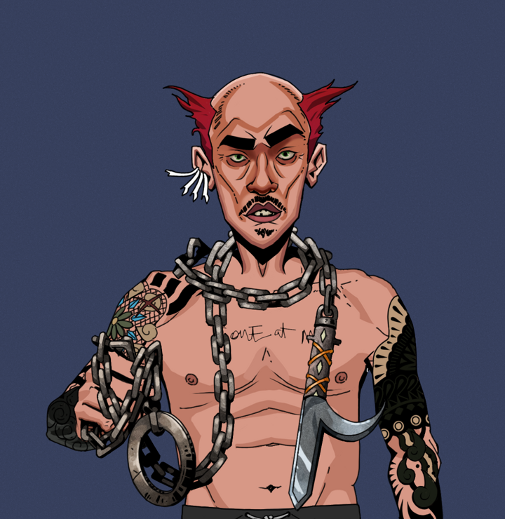 Gloomy Masumi — Degen Dojo NFT art (Chicken Bones, Blue Evening, Degens, Black Yakuza Sleeves, Gloomy Masumi, Shirtless Runt, Red Heihachi, Heavy Kyoketsu, Mint)
