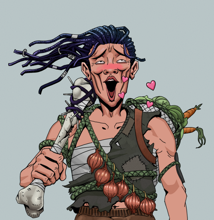 Lovey Haruto — Degen Dojo NFT art (Shirtless Runt, Light Grey, Degens, Farmer, Lovey Haruto, Flowing Dreads, Spiky Femur, Mint)