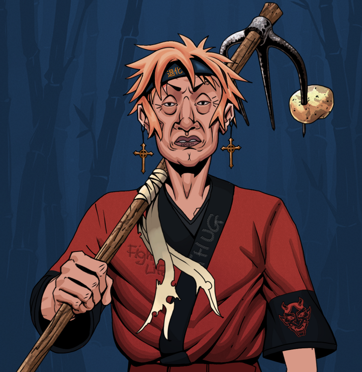 Goro — Degen Dojo NFT art (Jesuit Crosses, Night Forest, Degens, Red Oni Kimono, Goro, Shirtless Runt, Tiger Headband Ruffian, Farmers Hoe, Mint)