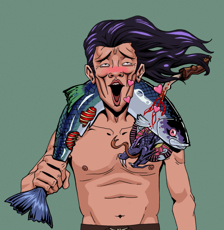 Lovey Haruto — Degen Dojo NFT art (Shirtless Runt, Olive Green, Degens, Dragon Head Tattoo, Lovey Haruto, Flowing Battousai, Dead Fish, Mint)